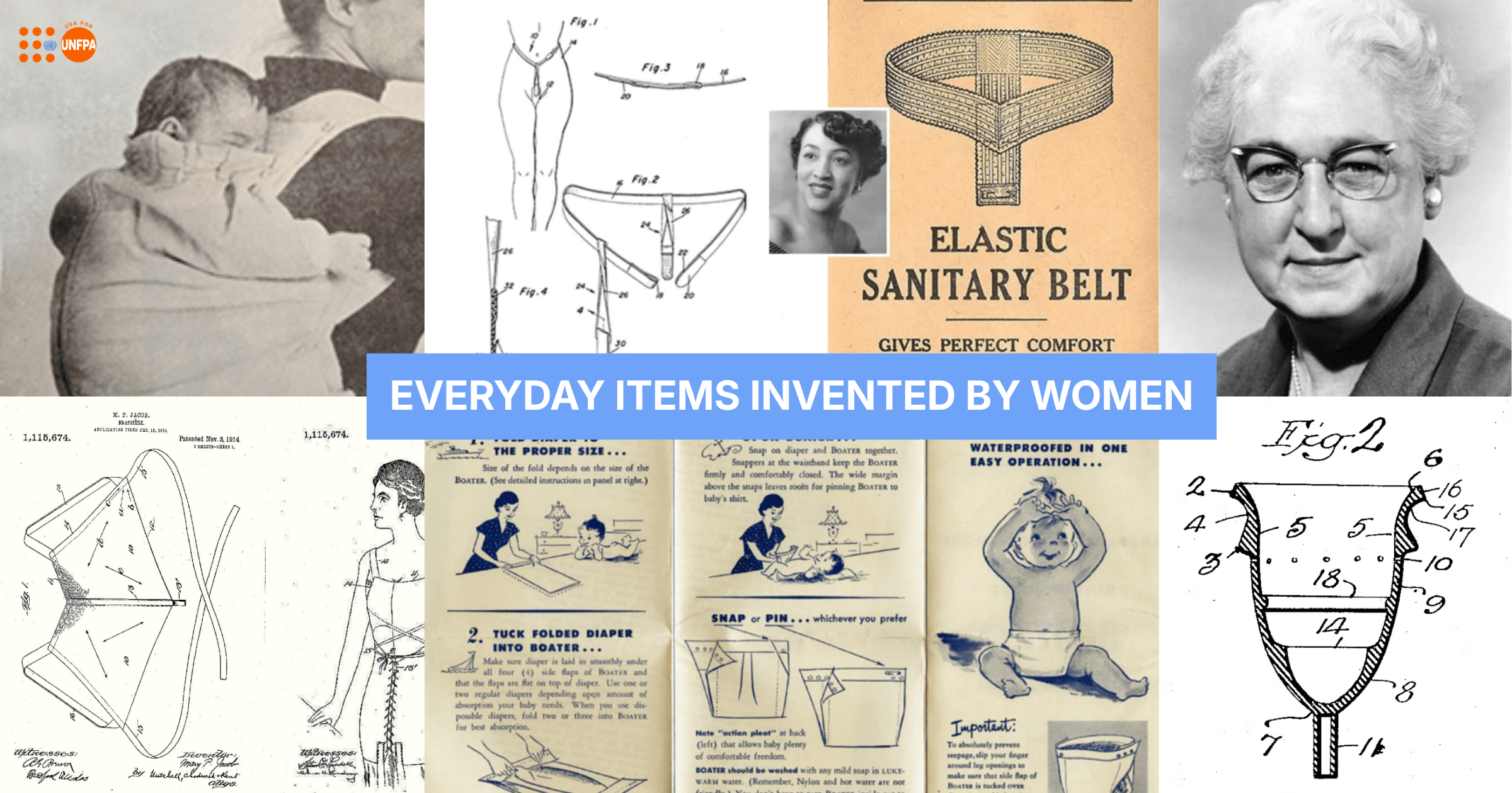 Collage of historical patent drawings for inventions by women — a bra, menstrual cup, sanitary belt, diaper cover, and baby carrier — under the heading "Invented by women."