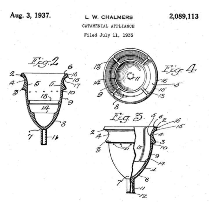 Patent diagram of a bell-shaped menstrual cup shown from the side and in cross-section.