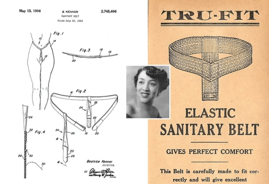 Patent diagram of an adjustable belt worn at the waist with straps holding a sanitary napkin in place.
