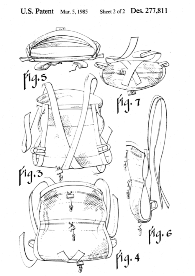 Patent diagram of a soft fabric carrier worn on an adult's chest to hold an infant.